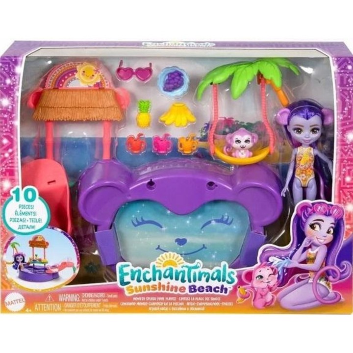 Комплект играчки Mattel Enchantimals Sunshine Beach, плейсет с винилова кукла маймуна, тропически басейн и аксесоари, многоцветен, 10 части