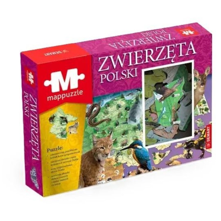 Puzzle educational Demart Zwierzeta i Geografia Polski, tematica animale si geografia Poloniei, pentru copii 3+, Multicolor, 368x267 mm