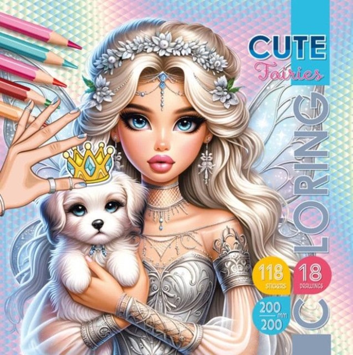 Carte de colorat Fresh Cute Fairies pentru copii, 18 desene, 118 stickere, Multicolor, 202x208 mm