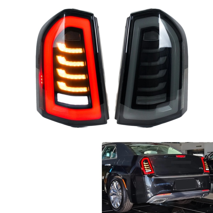 LED hátsó lámpák Chryslerhez, plug and play, 35 W, 3400 lm, 12 V, DRL-lel és szekvenciális irányjelzővel, PC/ABS/PMMA/üveg anyag, füstös fekete, 2 darabos szett