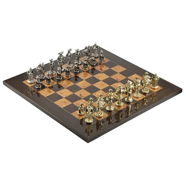 Set sah Italfama Lendsknecht, piese metalice doua-tone (zinc, alama, nichel), tabla incrustata din radica de artar 51x51 cm, inaltime rege 8,7 cm, Multicolor, 1 set