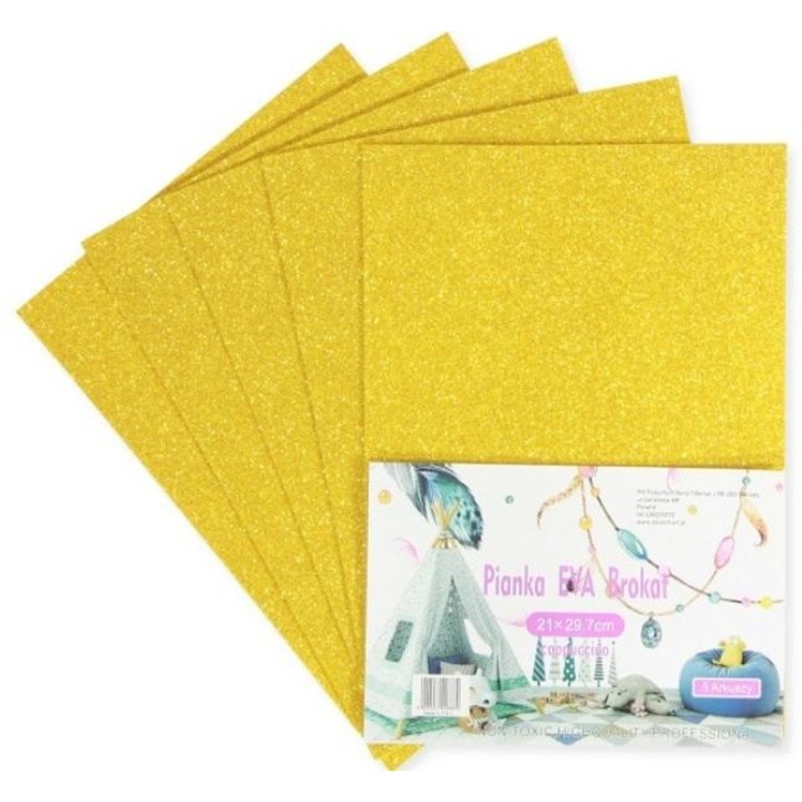 Spuma EVA cu sclipici Penword, A4 21x29,7 cm, pentru hobby si DIY, Auriu, 5 foi