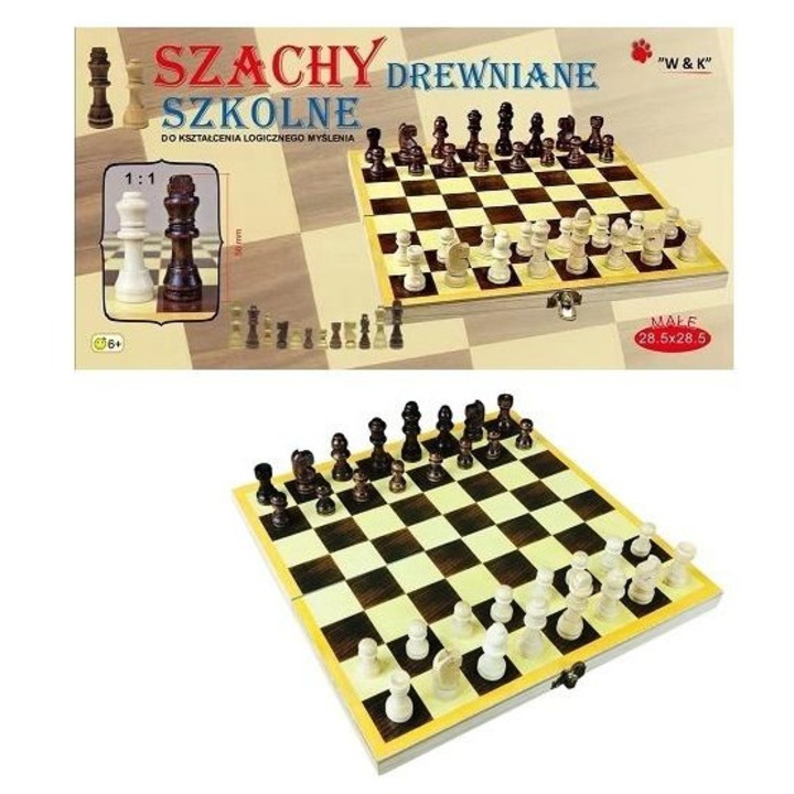 Set sah W&K, joc de sah din lemn, pentru scoala, 28,5x28,5 cm, Multicolor, 1 set