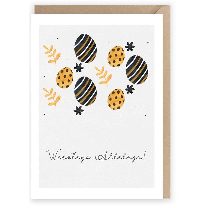 Felicitare / card Cardie A6, de Paste, imprimeu oua aurii-negre, cu plic ecologic, Multicolor, 1 buc
