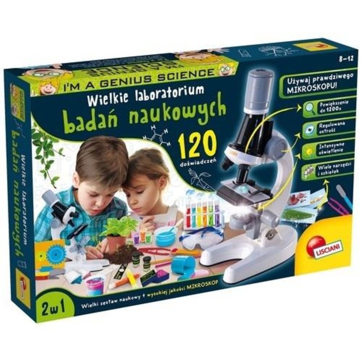 Lisciani Kis Géniusz Laboratórium 2 az 1-ben tudományos készlet, mikroszkóppal, 120 kísérlettel, Többszínű