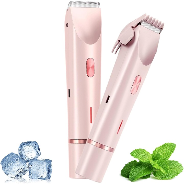 Női trimmer/elektromos borotva, 2 az 1-ben (bikini és arc), vízálló wet & dry, USB töltés, kerámia pengék, rózsaszín, 167x33x33 mm
