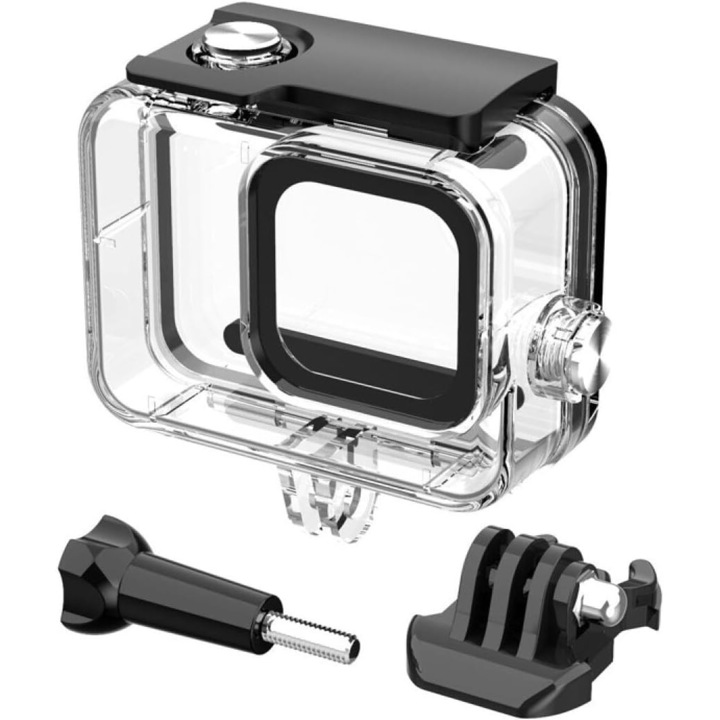Водоустойчив корпус/калъф, съвместим с GoPro Hero8, обектив с висока прозрачност, изработен от издръжлив PC, многофункционална студена обувка (cold shoe) за аксесоари, устойчив на вода, прах и удари, въртящ се на 120°, Прозрачен