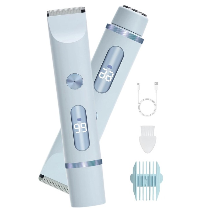 Aparat de ras electric pentru femei, trimmer 2-in-1 dual-head, IPX6 waterproof, reincarcabil Type-C, baterie 400mAh, pentru fata, picioare, bikini si axile, pentru piele sensibila, albastru