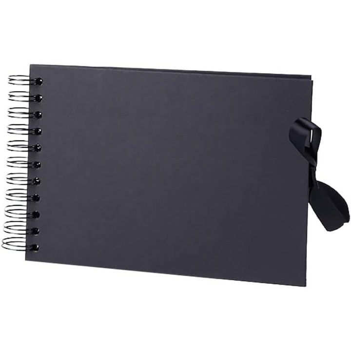 Album foto DIY scrapbook, cu pagini negre groase pentru scris, cu ring metalic si panglica in fundita, 21.5x15 cm, Negru, 30 pagini