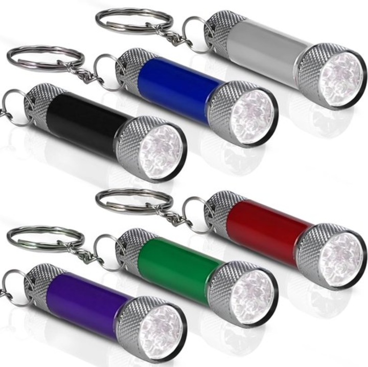 Комплект от 6 мини фенерчета с ключодържател, от алуминиева сплав, с 5 LED, включени батерии, многоцветни, 10.2 см