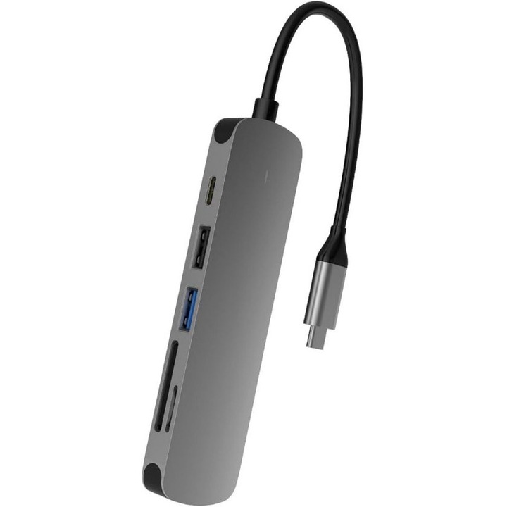 USB-C elosztó 6 az 1-ben, USB-C adapter, HDMI 4K 30Hz port, USB-A 3.0 és USB-A 2.0, SD/TF kártyaolvasó, PD 60W, alumínium, szürke, 1 db