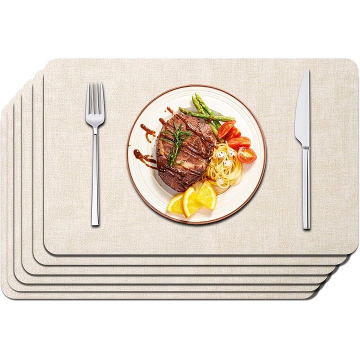 Set 6 servetele de masa placemats din piele ecologica, impermeabile, usor de curatat, rezistente la caldura pana la 100°C, anti-alunecare, bej, 17 x 12 inch