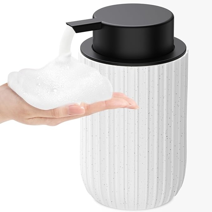 Dozator de sapun spumant, dispenser ceramic reincarcabil cu pompa detasabila si gura larga, economisire sapun, alb, 300ml