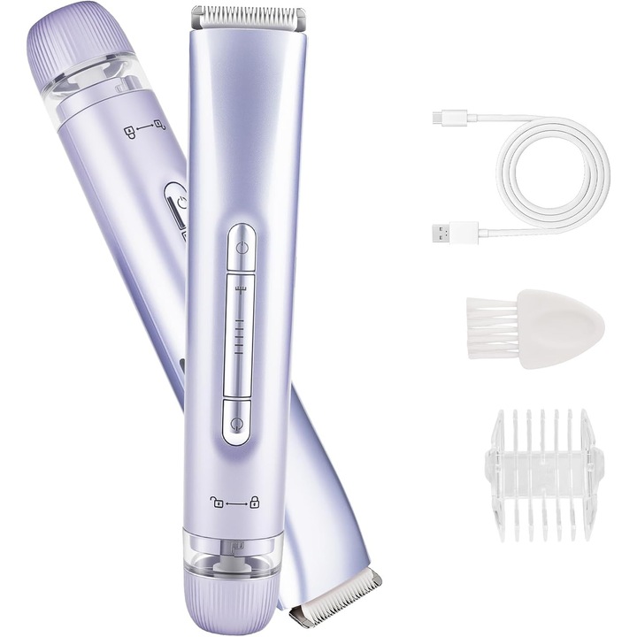 Trimmer bikini si aparat de ras electric pentru femei, 2-in-1, IPX7 impermeabil, USB reincarcabil, lila
