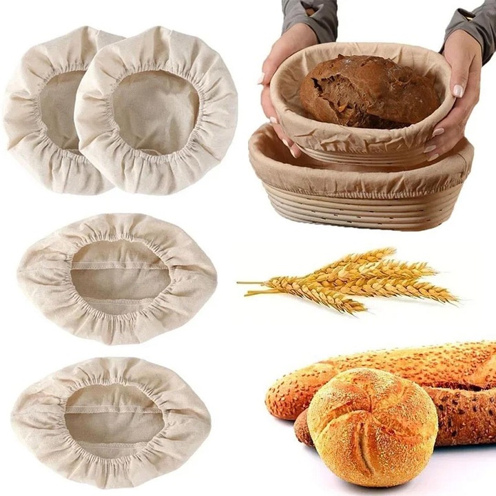 Kelesztőkosár szett kenyérhez, 2 kerek 25x8 cm, 2 ovális 25x15x8 cm, tapadásmentes béléssel és nedvszívó huzatokkal, bézs, 4 darab