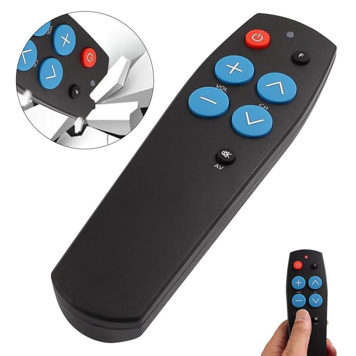 Univerzális távirányító, távirányító időseknek, 7 nagy programozható gomb, tanuló funkció IR eszközökhöz (TV/DVD/receiver), Fekete, 1 db