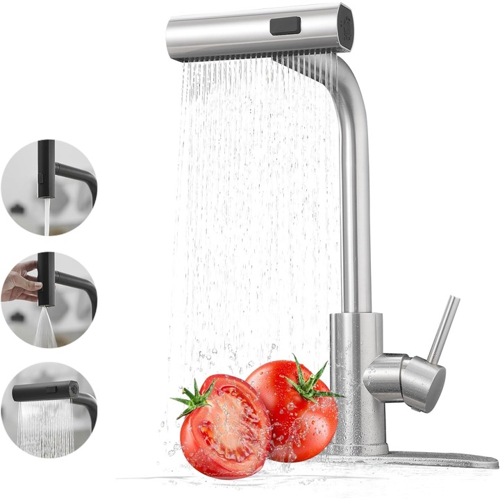 Rozsdamentes acél konyhai csaptelep, kihúzható szórófej 50 cm, 3 funkció (sugár/köd/eső), 360°-ban forgatható, szálcsiszolt felület, ezüst