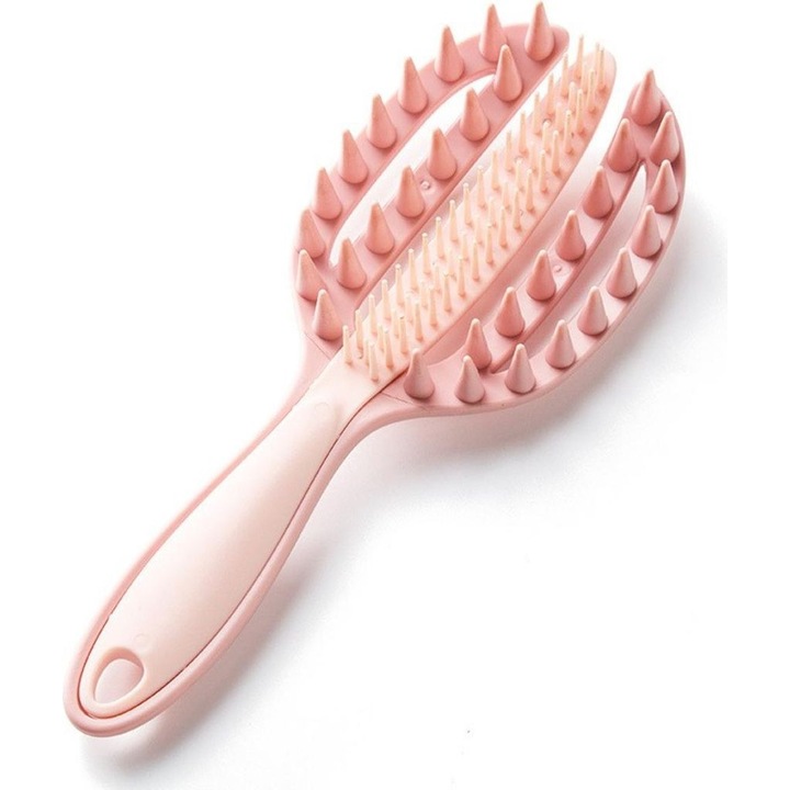 Perie masaj pentru scalp si pieptene pentru descurcare, 2-in-1, cu dinti descurcanti si peri moi din silicon, Roz, 1 buc