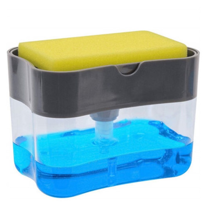 Dozator detergent de vase / dozator sapun 2-in-1 cu suport pentru burete, rezervor transparent capacitate mare, negru/transparent