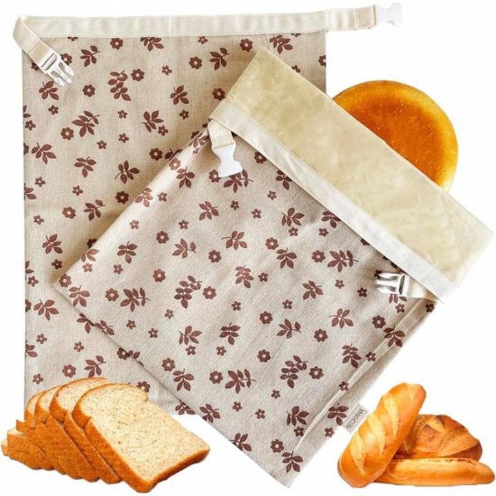 Set 2 pungi/saci din bumbac cu ceara de albine pentru paine, extra-large 31.5 x 40.5 cm, reutilizabile, lavabile la rece, pentru congelator si paine cu maia, bej cu imprimeu, 2 buc