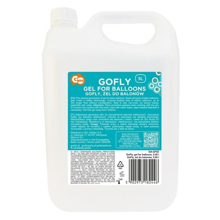 Гело за балони Godan GoFly, предотвратява изпускането на хелий, за латексови балони, нетоксичен, многоцветен, 5L