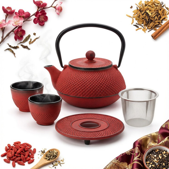 Ceainic din fonta Sklep Sokomedica stil japonez, set cu sita din inox, 2 cesti din fonta 100 ml si suport din fonta, rosu-negru, ceainic 0,8 L