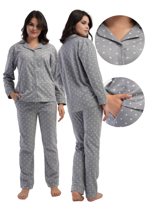 Női pizsama, Vienetta, poliészter/fleece, hosszú nadrág, hosszú ujjú felső, gombokkal, szürke