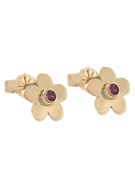Cercei din aur 9 carate, in forma de floare cu piatra rosie centrala, GO74109, auriu/rosu