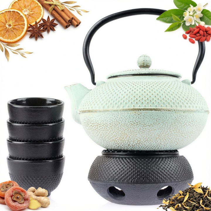 Sklep Sokomedica teáskészlet Öntöttvas teáskanna 1,5 L, rozsdamentes acél infúzióval, 4 db 100 ml-es csésze és tealight melegítő állvány, menta/fekete, 1 szett (teáskanna 1,5 L, 4 x 100 ml, állvány)