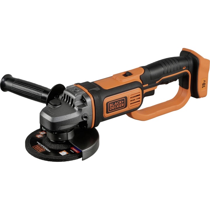 Black & Decker sarokcsiszoló, 18 V, 125 mm-es tárcsa, 8600 RPM, akkumulátor és töltő nélkül, Fekete
