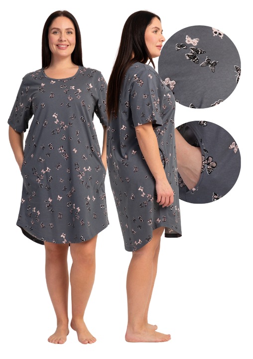 Női hálóing, Vienetta, pillangós, 100% pamut, rövid ujjú, zsebekkel, szürke, 2XL INTL