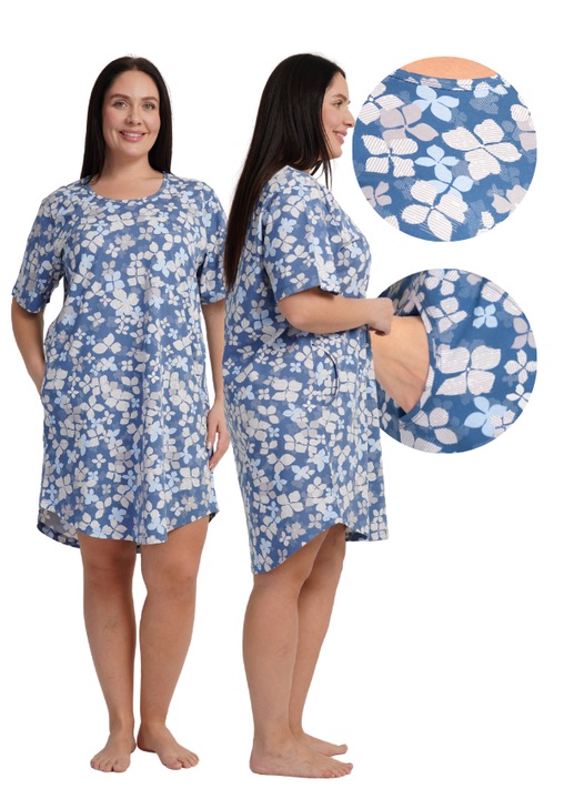 Női hálóing, Vienetta, pamut, kék virágokkal, rövid ujjú, két zseb, 2XL INTL