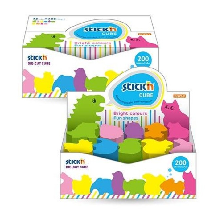 Stickn Mini Cube öntapadós jegyzettömb, állatfigurás stancolt, 200 lap/tömb, többszínű, 30 db