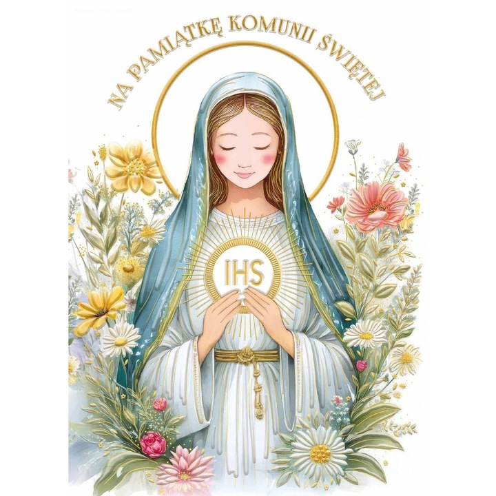 Elsőáldozási kártya Henry B6 Mária, aranyozott, dombornyomott, borítékkal, többszínű