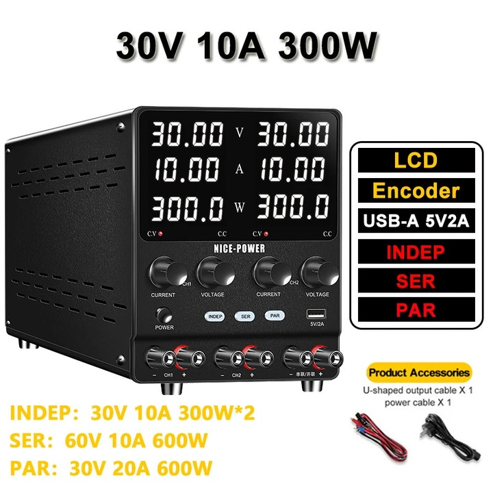 Захранващ блок SPS3010-2KD, регулируем, двоен изход (независим/сериен/паралелен), ток 0-10A, 4-цифрен LCD дисплей с енкодери, USB-A 5V/2A, издръжлив пластмасов корпус, Черен