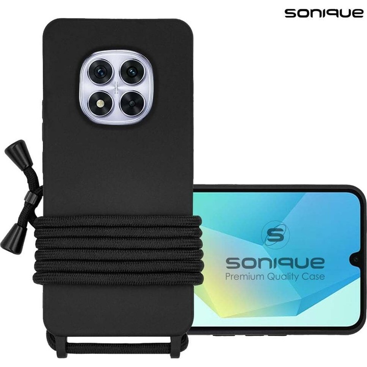Sonique, Husa din silicon (TPU) CarryHang cu snur, subtire 0,5 mm, antisoc, decupaje precise pentru butoane si camera, Xiaomi Redmi Note 14 Pro 5G, Negru