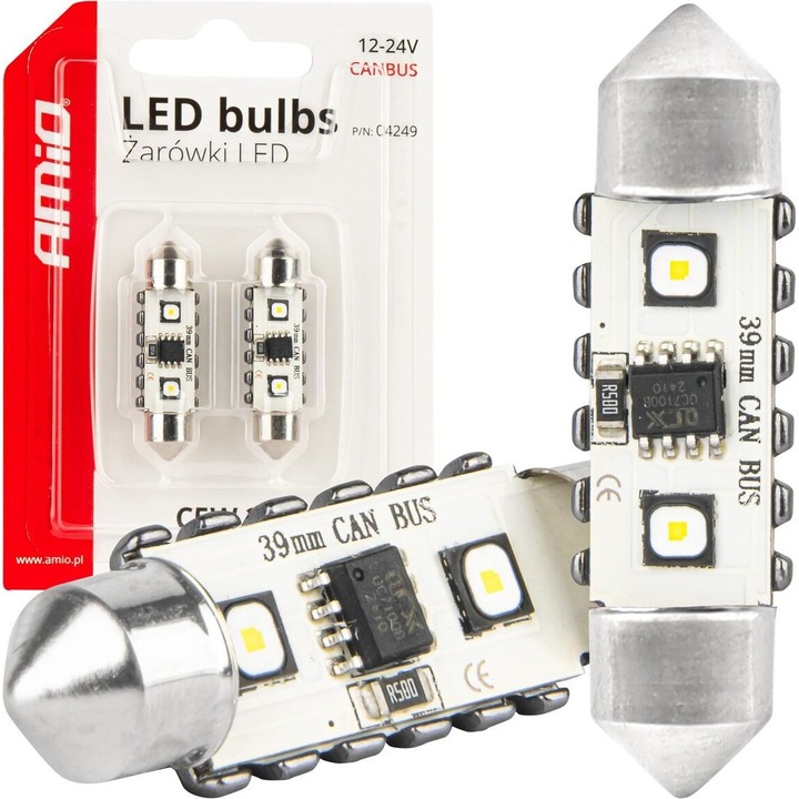 Bec plafoniera AMiO C5W 39mm, 12/24V, 12x SMD 3838, CAN-Bus, alb 5500K, 2 buc