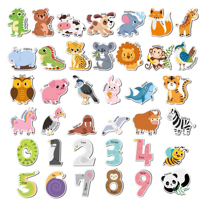 Set 38 magneti de frigider, AFKSMILE, Set educational pentru copii, Forma animala si numar, Reutilizabile, Usor de mutat, Pentru invatare si joaca, Pentru tabla alba, frigidere si alte suprafete magnetice, Cauciuc, 7.8cm, Multicolor