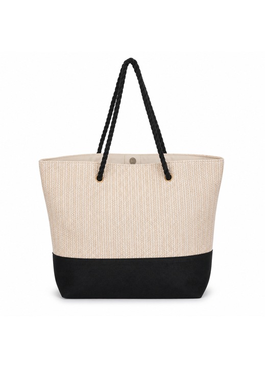 Geanta Plaja Ecru Neagra Din Paie Cu Model Texturat Capsa Magnetica Manere Sfoara Buzunar Interior 38x16x38 cm