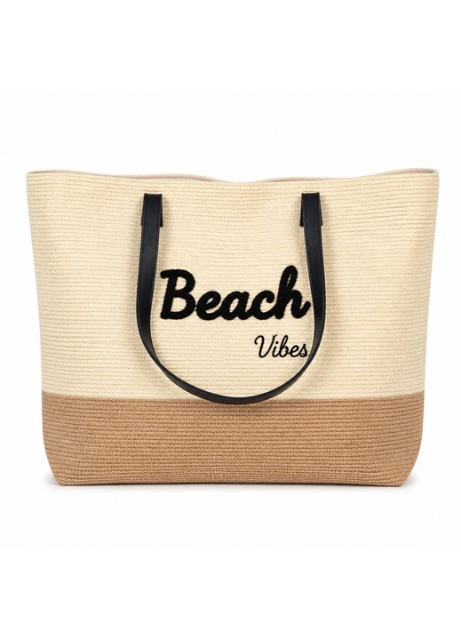 Geanta De Plaja Beach Vibes Ecru Bej Cu Imprimeu Negru Cusut Manere Piele Artificiala Capsa Magnetica 57x15x43 cm