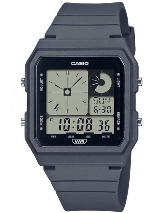 Casio, ceas barbatesc digital din plastic, quartz, cu timp mondial, 5 alarme, cronometru si timer, iluminare LED, mod silentios, WR30, LF-20W-8A2, gri/negru, 34 mm