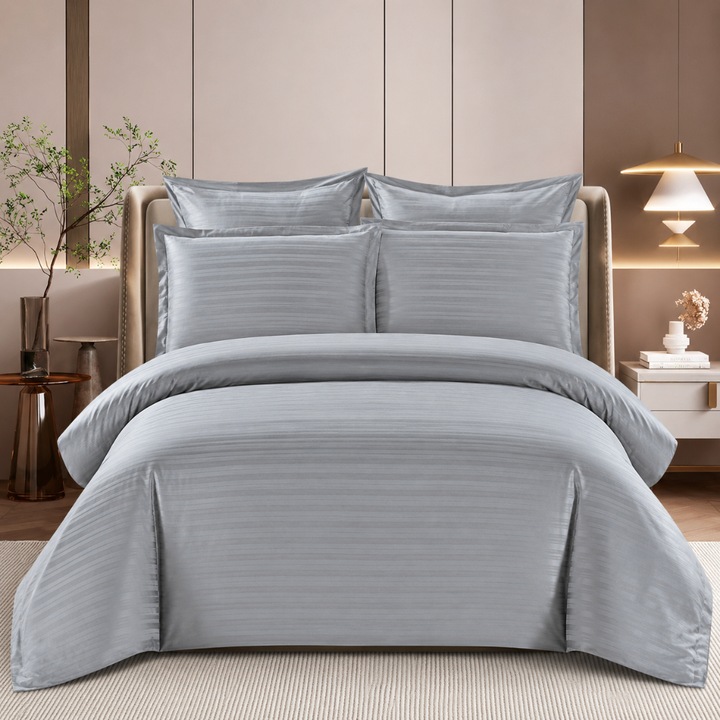 Lenjerie de Pat Eleganta din Damasc – Set 6 Piese cu Cearceaf Elastic 180x200 cm, fete de perna 2 dimensiuni, Gri