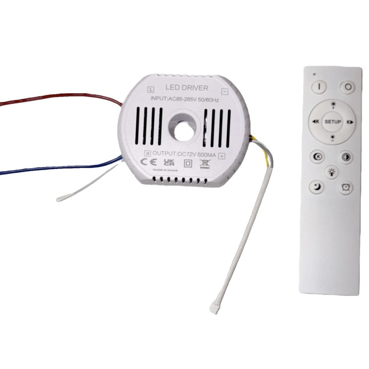 Driver/Controler LED 500mA cu telecomanda, pentru lampi cu inele multiple, cu functie timer si sleep, output DC72V AC 90-260V, ABS, Alb