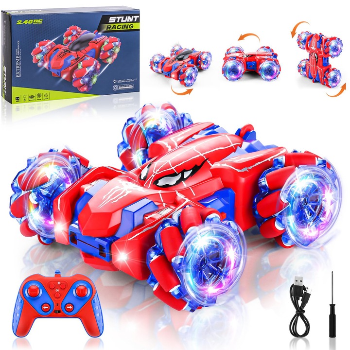 RC Stunt Spider autó, 4WD 2.4GHz dupla 360°-os forgással és drifttel, első LED-ek, Type-C újratölthető, strapabíró kerekek minden terepre, piros/kék