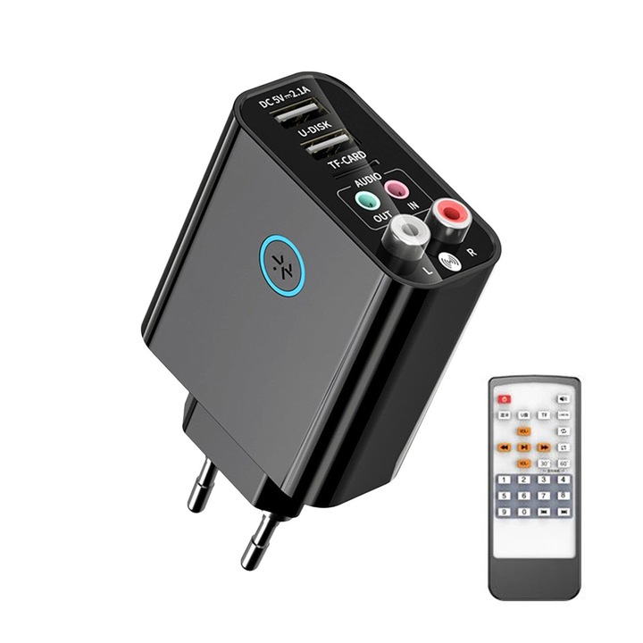 Bluetooth multifunkciós adapter, távirányító, memóriakártya-nyílás, gyors töltés, fekete