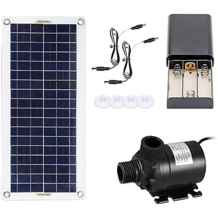 Sistem pompa solara 50W, debit 800L/h, motor brushless, panou solar 12V 50W, inaltime refulare 5m, negru/albastru, 1 set