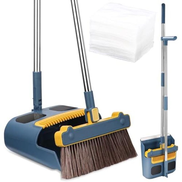 Set faras si perie cu maner lung, perie rotativa 180°, 30 foi electrostatice, pentru interior si gradina, albastru/portocaliu