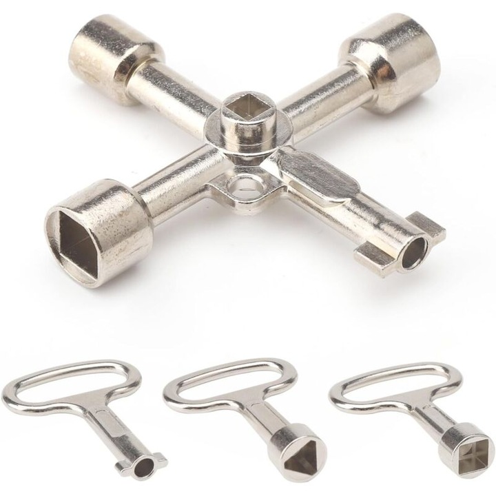 Cheie universala 6-in-1 pentru dulapuri electrice, instrument multifunctional, aliaj zinc, rezistent la coroziune, gauri: triunghi 7 mm/patrat 8 mm/simplu 5 mm, argintiu