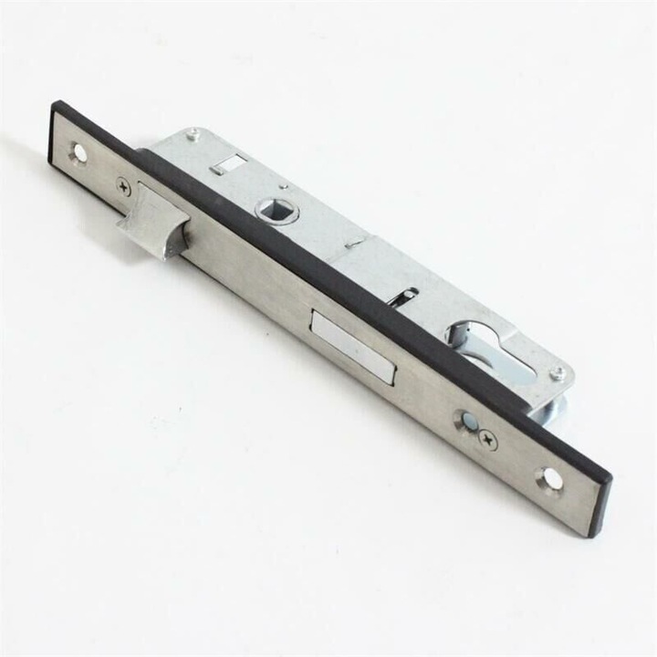 Yala mortisare unipunct, inox, placa ingusta 23 mm, reversibila stanga/dreapta, pentru usi interioare si bai, backset 25 mm, 239x38x175 mm