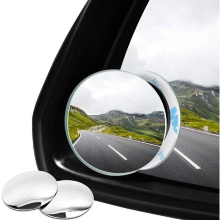 Set oglinzi unghi mort auto, rotative 360° cu inclinare 30°, sticla HD convexa, autoadezive 3M, fara rama, argintiu, 2 buc
